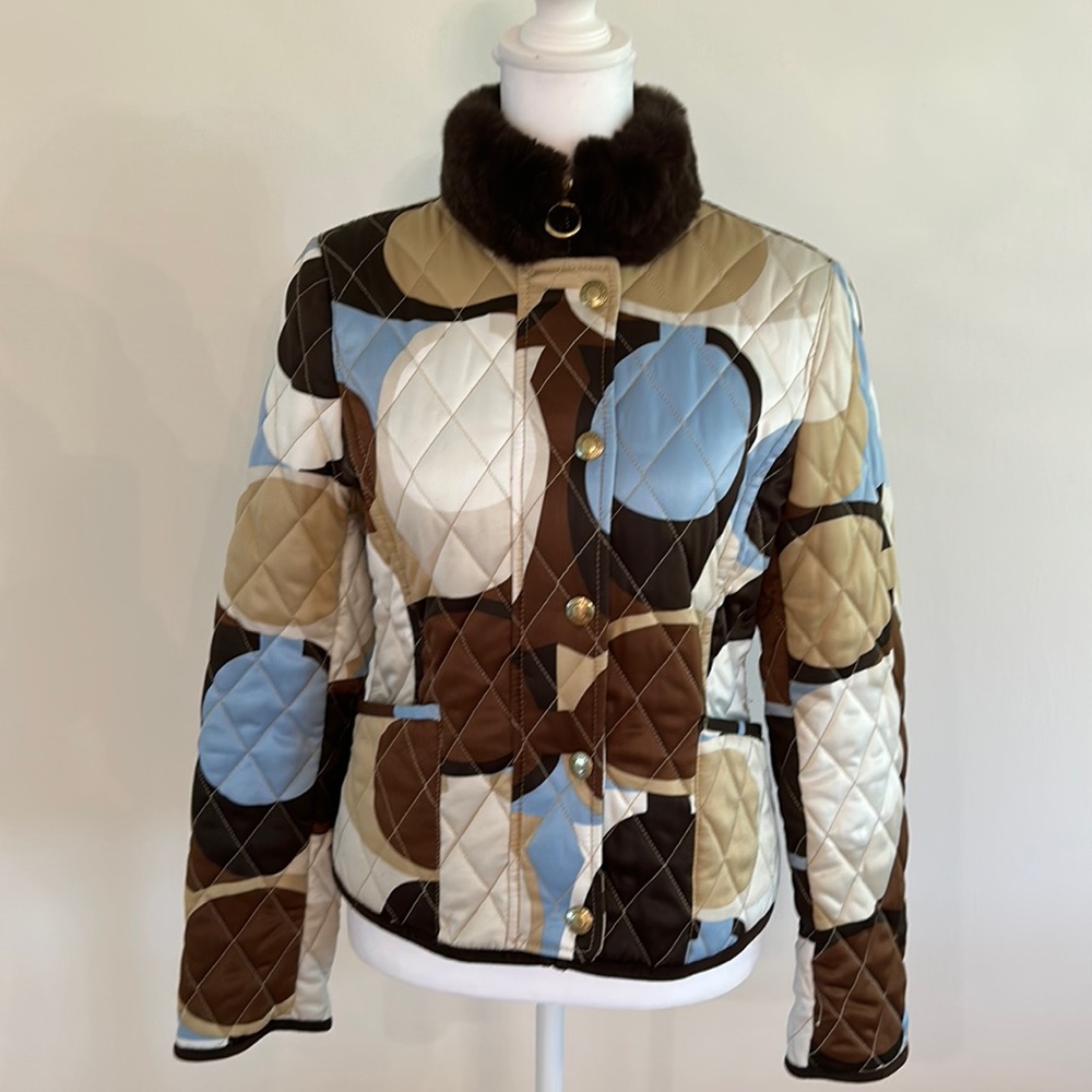 Coach scarf print signature quilted jacket with real fur collar